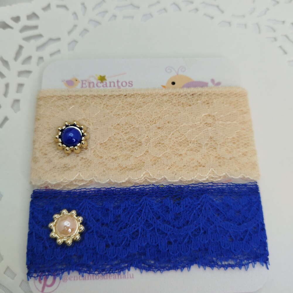 Kit de Rendas Azul e Bege e Chatons em Cores Coordenadas