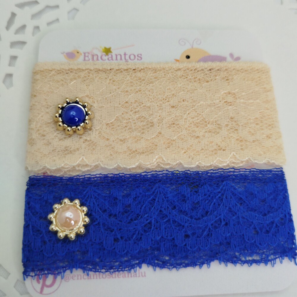 Kit de Rendas Azul e Bege e Chatons em Cores Coordenadas
