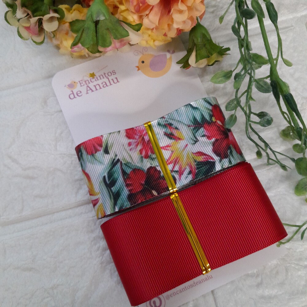 Kit de Fitas Gorgurão Estampa Floral Hibisco e Vermelha Lisa