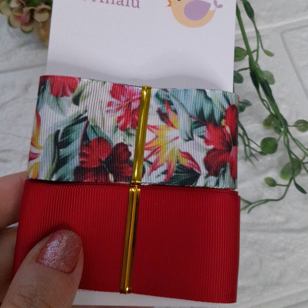 Kit de Fitas Gorgurão Estampa Floral Hibisco e Vermelha Lisa