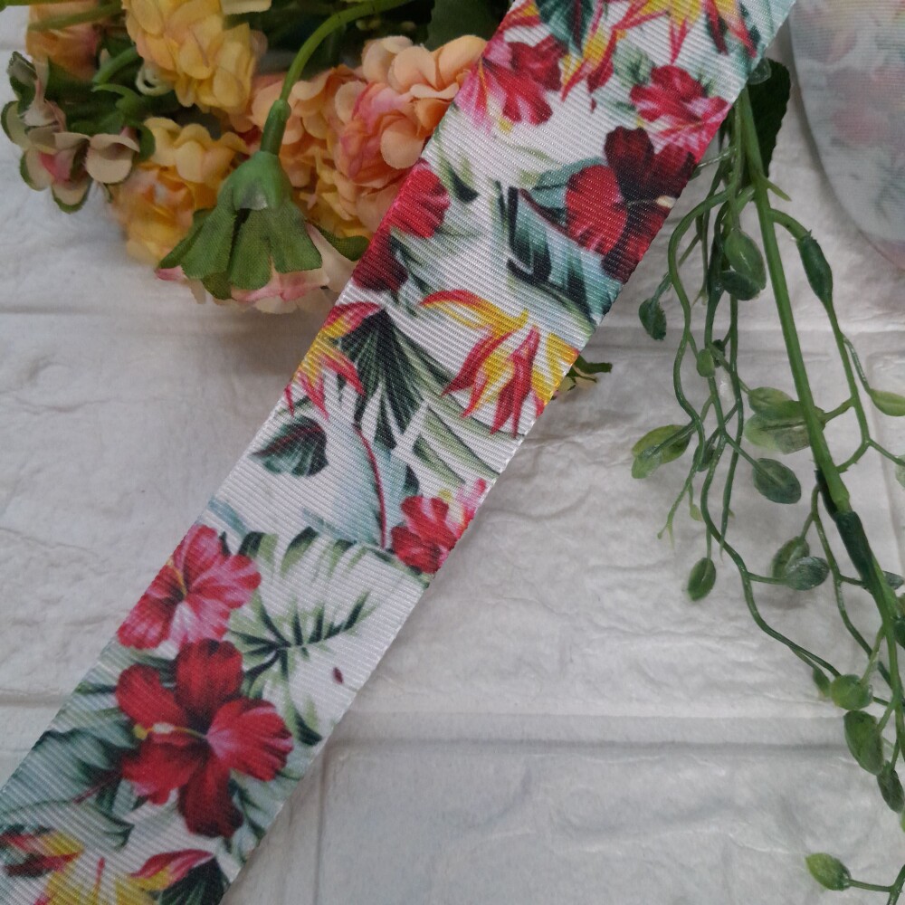 Kit de Fitas Gorgurão Estampa Floral Hibisco e Vermelha Lisa