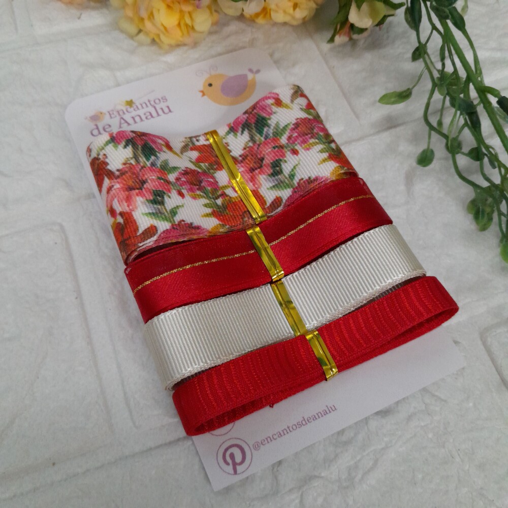 Kit de Fitas Gorgurão Estampa Hibisco Bege e  Vermelha