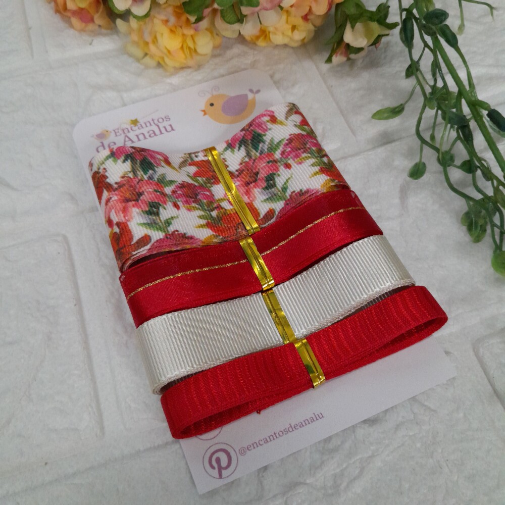 Kit de Fitas Gorgurão Estampa Hibisco Bege e  Vermelha