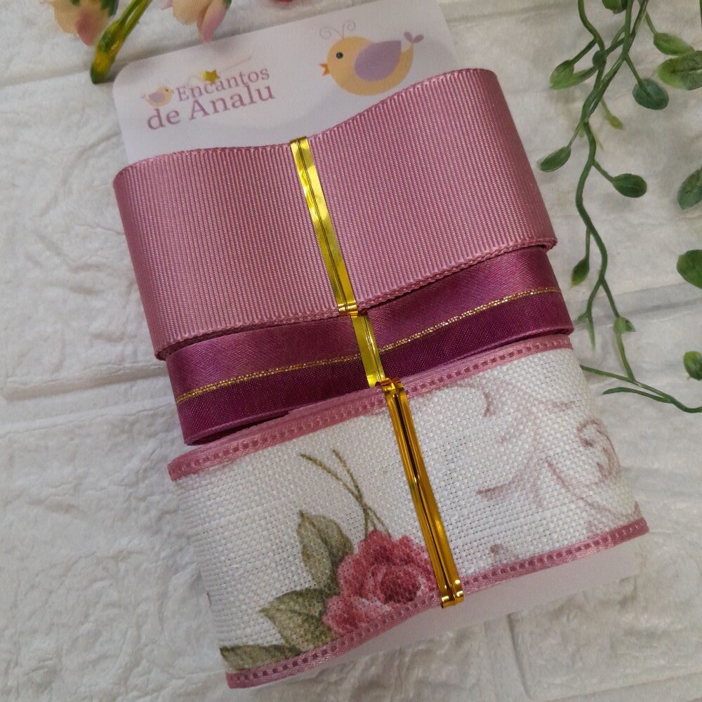 Kit de 3 Fitas Gorgurão, Cetim e Linho Floral Rosa Antigo