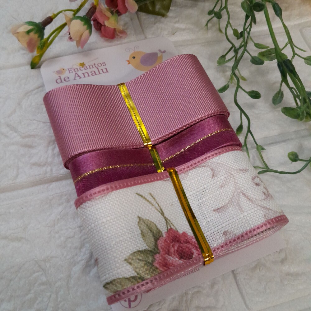 Kit de 3 Fitas Gorgurão, Cetim e Linho Floral Rosa Antigo