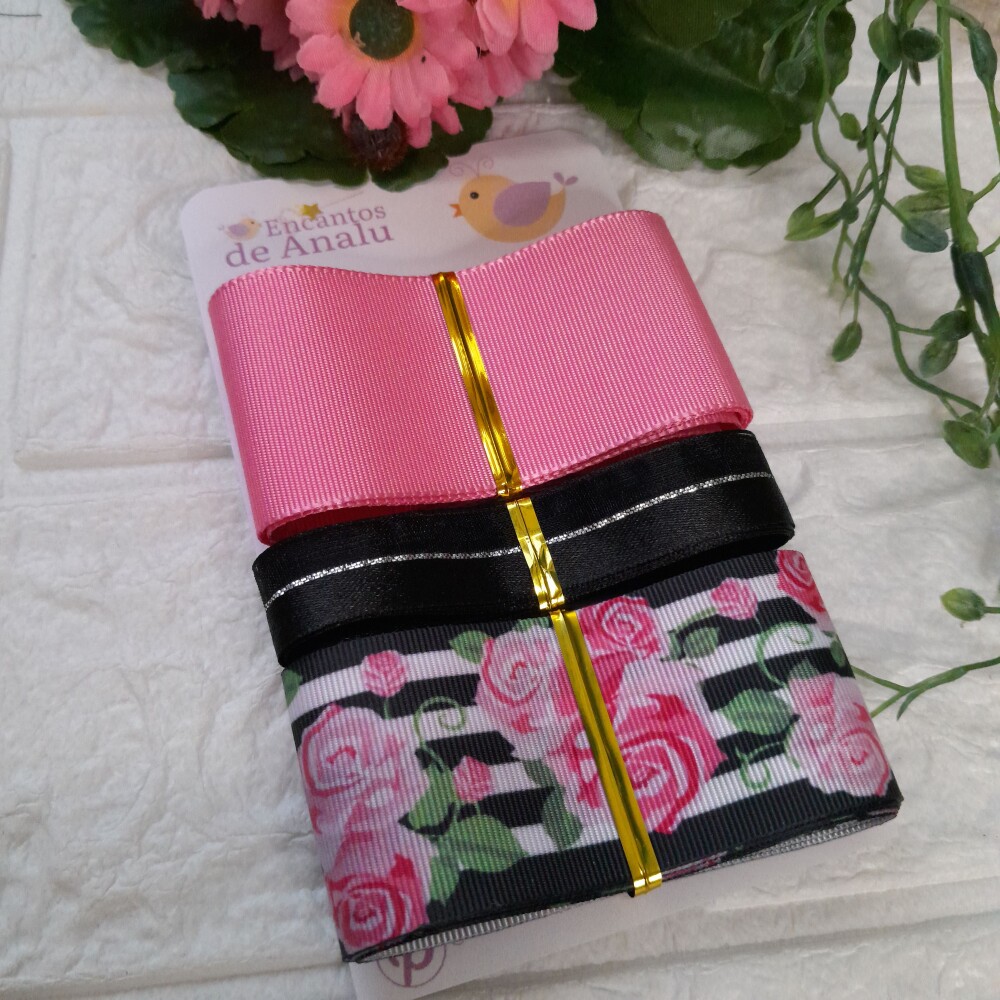 Kit de Fitas Coordenadas listras Preto e Branco e Rosas Pink