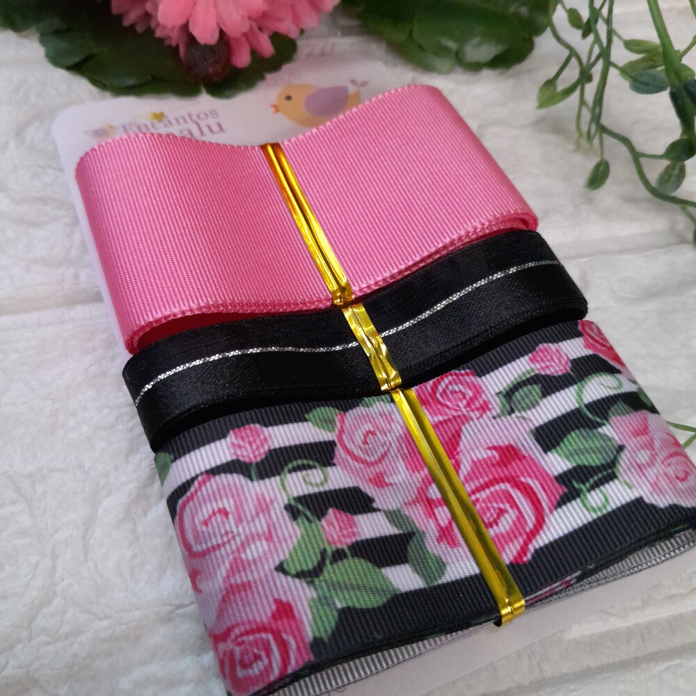 Kit de Fitas Coordenadas listras Preto e Branco e Rosas Pink