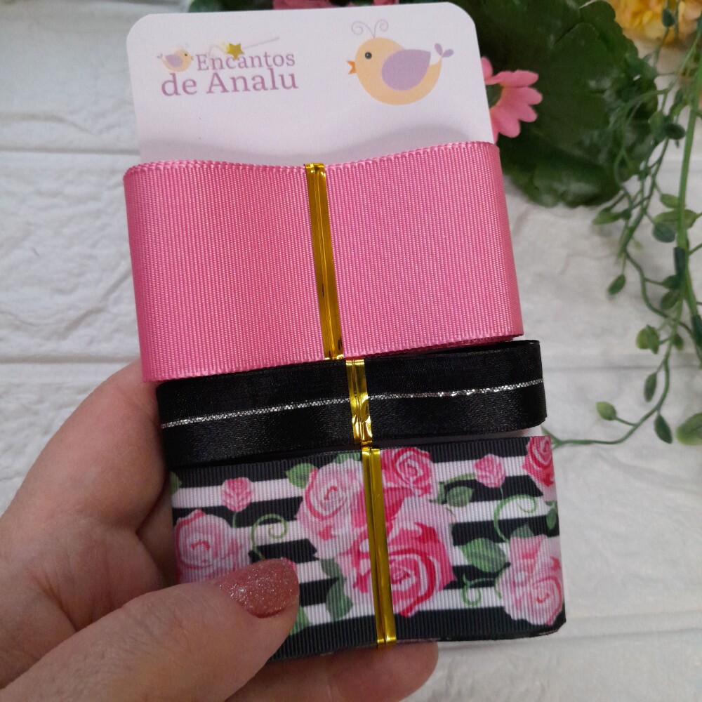 Kit de Fitas Coordenadas listras Preto e Branco e Rosas Pink