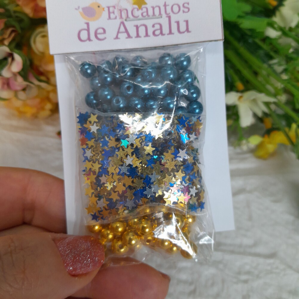 Mix Pérolas e Apliques de Estrelas Azul e Dourado