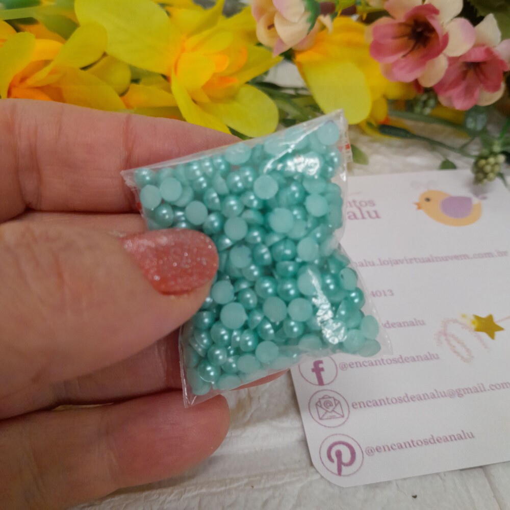 Mix de Meia Perola Verde Agua, Perola Lilas e Aplique Rosa