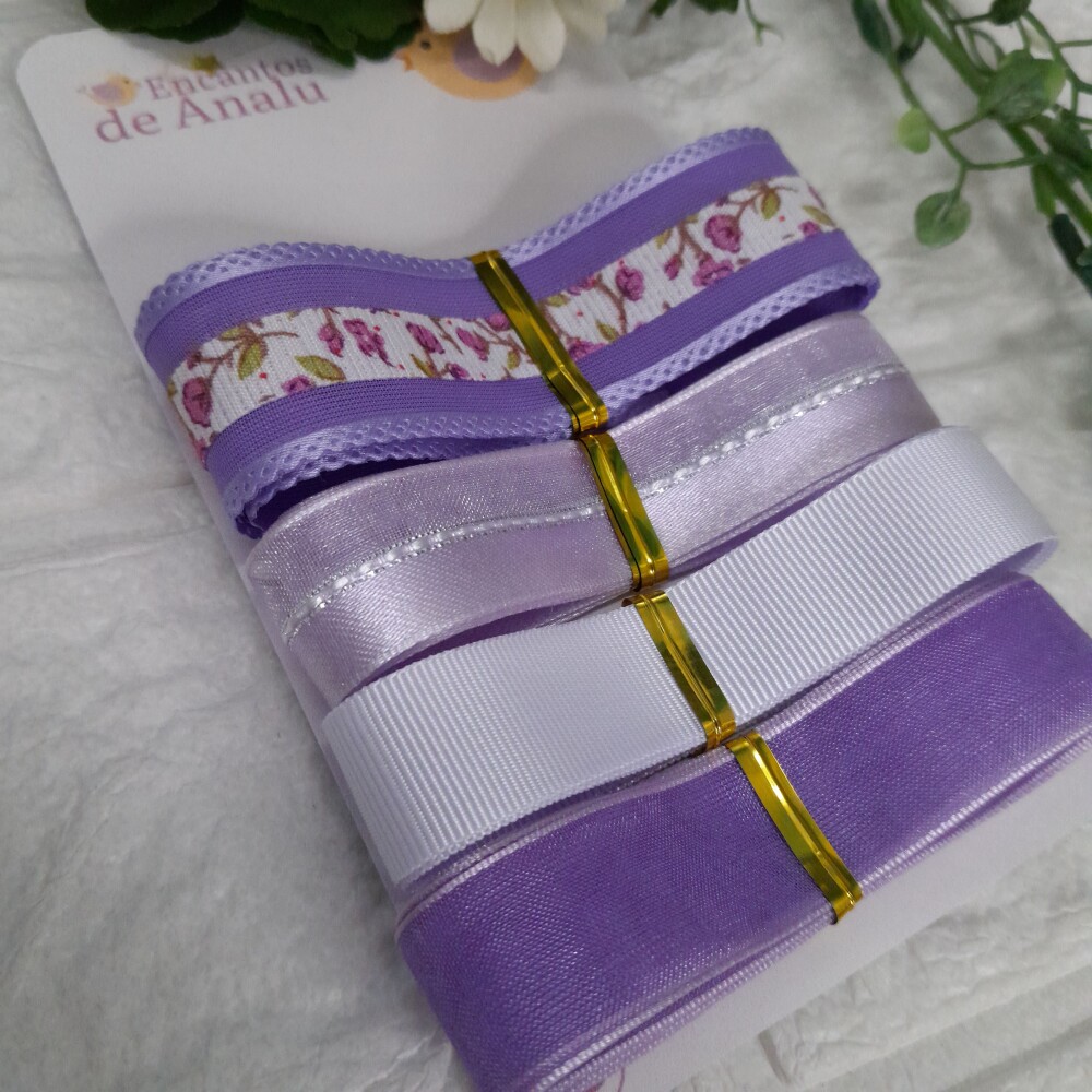 Kit de Fitas LIlas e Branco -Voil estampado e Fitas Coordenadas