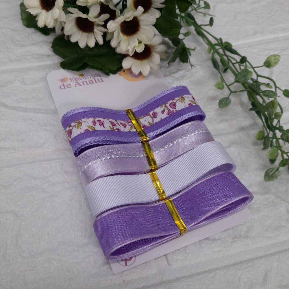 Kit de Fitas LIlas e Branco -Voil estampado e Fitas Coordenadas