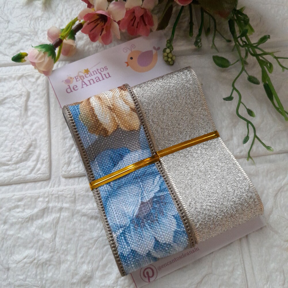 Kit de Fitas Decorativas Linho Floral e Lurex Champanhe