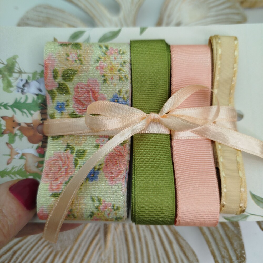Kit de Fitas de Gorgurão Floral Tons de Rosé, Verde, Coral, Beg