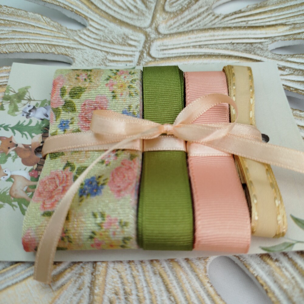 Kit de Fitas de Gorgurão Floral Tons de Rosé, Verde, Coral, Beg