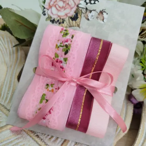 Kit de Fita com Renda Flores em Tons de Rosa