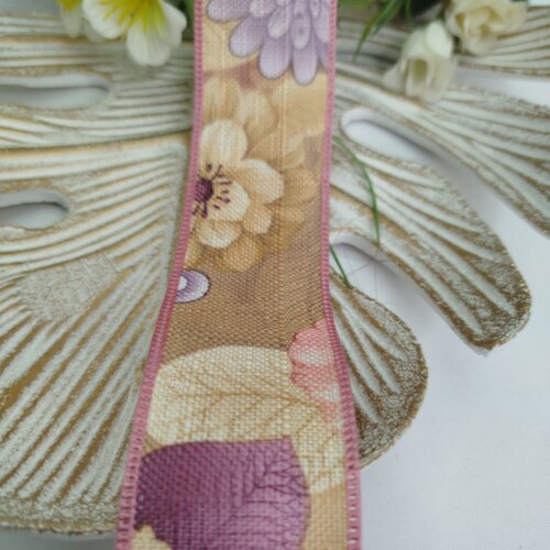 Fita de Linho Estampa de Flores Rosa, Lilas, Roxo e Bege