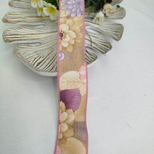 Fita de Linho Estampa de Flores Rosa, Lilas, Roxo e Bege