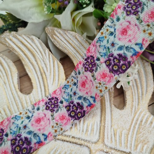 Fita Gorgurão 38mm No 09 Estampa Floral Colorida Rosa, Roxo e Azul