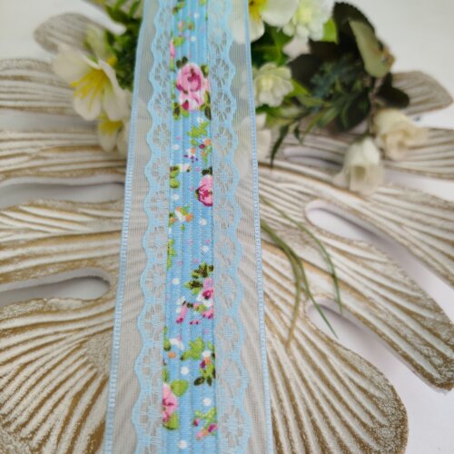 Fita Voil Azul com Aplique de Rendas e Estampa de Flores Rosa - 38 mm - venda a metro