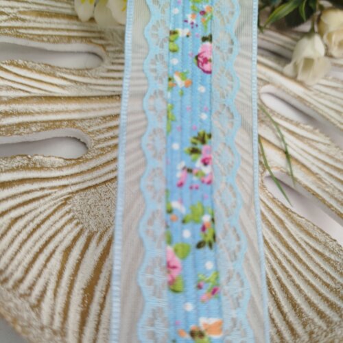 Fita Voil Azul com Aplique de Rendas e Estampa de Flores Rosa - 3