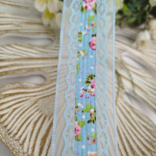 Fita Voil Azul com Aplique de Rendas e Estampa de Flores Rosa - 3