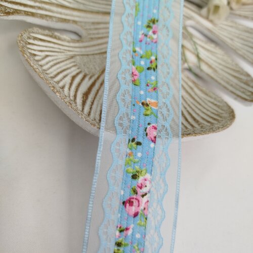 Fita Voil Azul com Aplique de Rendas e Estampa de Flores Rosa - 3