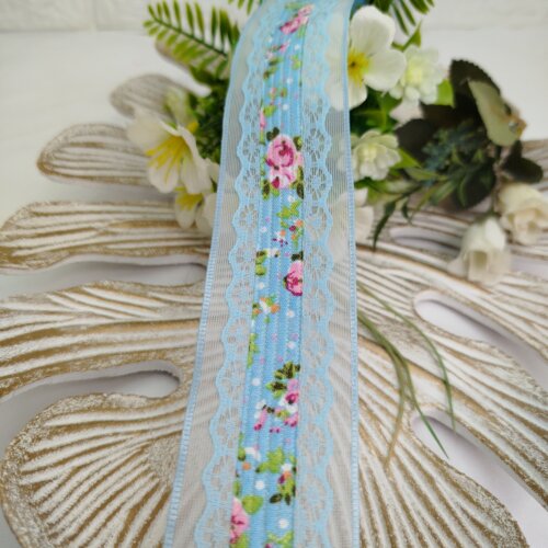Fita Voil Azul com Aplique de Rendas e Estampa de Flores Rosa - 3