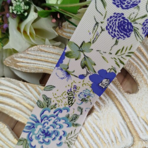 Fita Gorgurão 38mm No 09 Estampa Flores Azul Royal Estilo Porcel