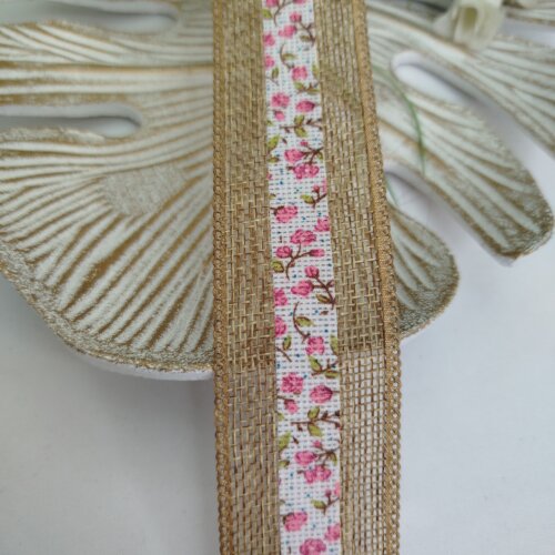 Fita Rustica Juta Estampa Flores Rosa - 38 mm largura - venda a m