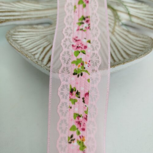 Fita Voil Rosa com Aplique de Rendas e Estampa de Flores - 38 mm - venda a metro