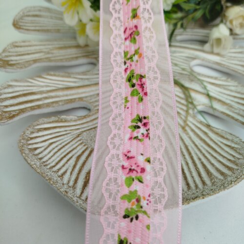 Fita Voil Rosa com Aplique de Rendas e Estampa de Flores - 38 mm