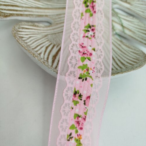 Fita Voil Rosa com Aplique de Rendas e Estampa de Flores - 38 mm