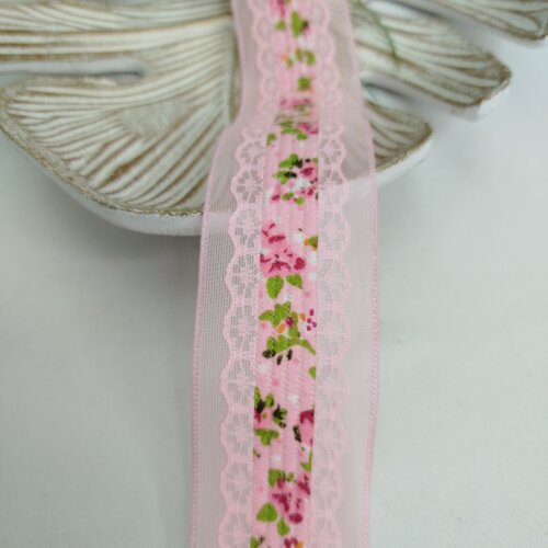 Fita Voil Rosa com Aplique de Rendas e Estampa de Flores - 38 mm