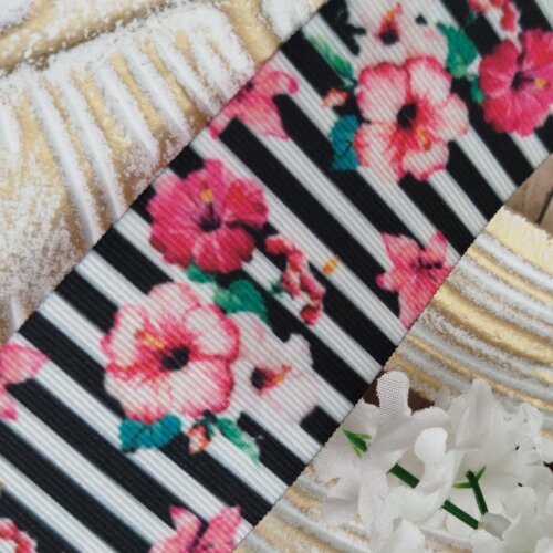 Fita Gorgurão 38mm No 09 Estampa Listras Preto e Branco com Flor