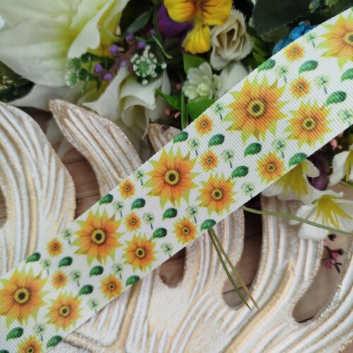 Fita Gorgurão 38mm No 09 Estampa Girassóis Amarelos Fundo Branco