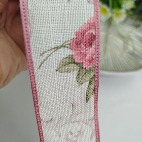 Fita de Linho Marfim Estampa Flores Rosa Antigo - Artesanato e Co