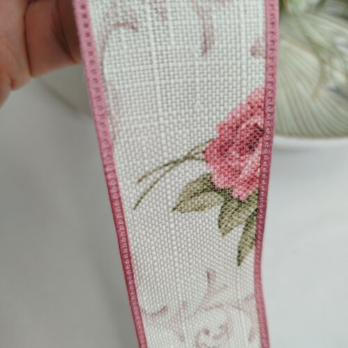 Fita de Linho Marfim Estampa Flores Rosa Antigo - Artesanato e Co