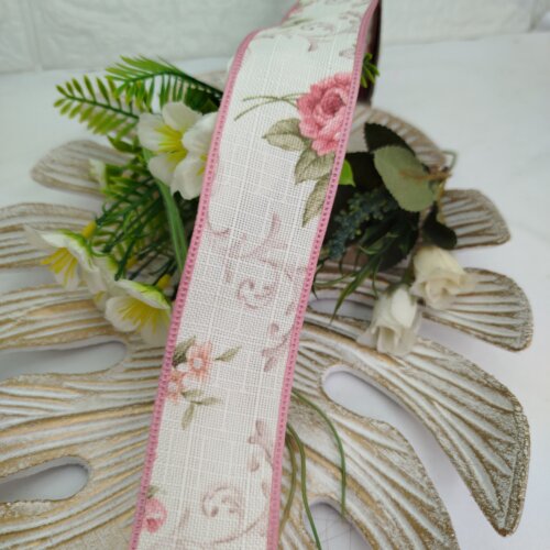 Fita de Linho Marfim Estampa Flores Rosa Antigo - Artesanato e Co