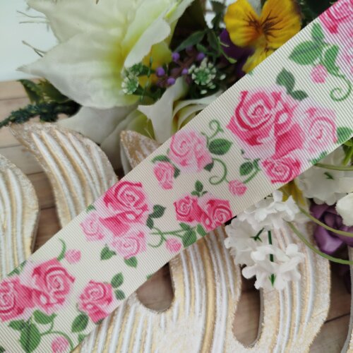 Fita Gorgurão 38mm No 09 Estampa Rosas Desenhadas em Tons de Ros