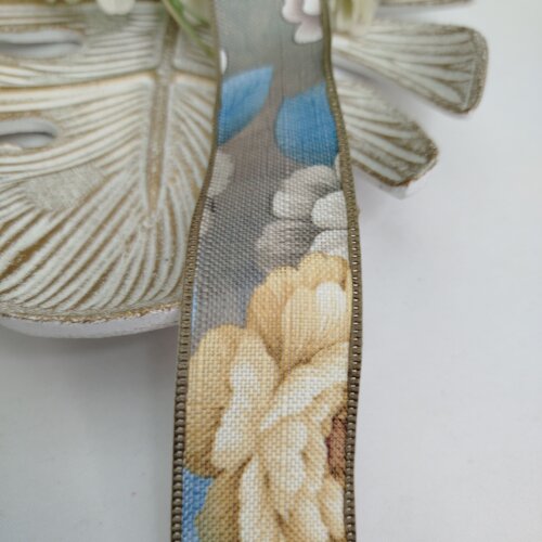Fita de Linho Estampa de Flores em Tons Azul e Bege - Artesanato e Costura Criativa