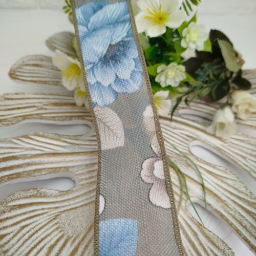 Fita de Linho Estampa Flores em Tons Azul e Bege