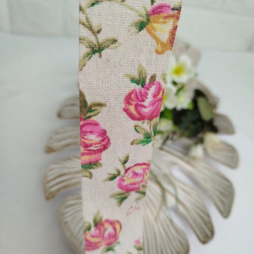 Fita de Tecido Rustico Estampa de Flores em Tons Rosa e Pink - Ar