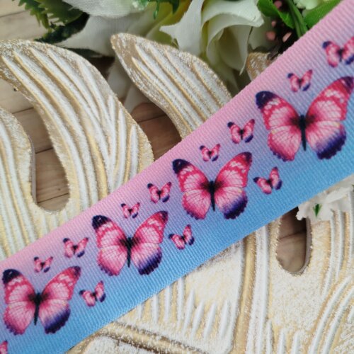 Fita Gorgurão 38mm No 09 Estampa Borboletas Rosa e Azul