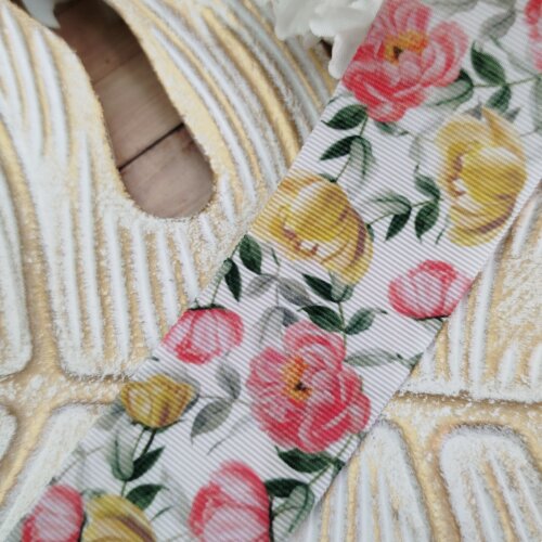Fita Gorgurão 38mm No 09 Estampa Rosas Coral e Amarelo