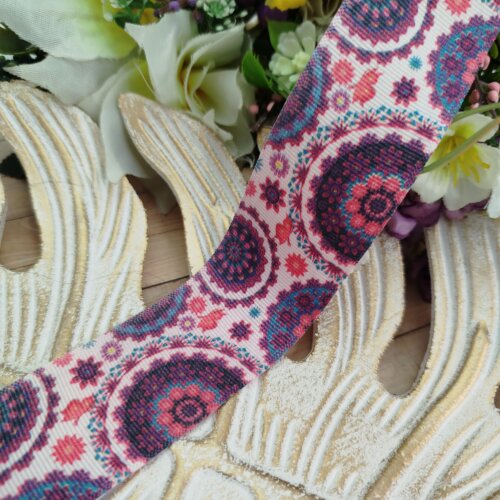 Fita Gorgurão 38mm nO 09 Estampa Mandala Boho Tons Rosa e Roxo