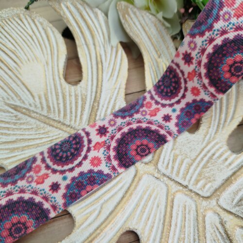 Fita Gorgurão 38mm nO 09 Estampa Mandala Boho Tons Rosa e Roxo