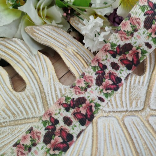Fita Gorgurão 38mm No 09 Estampa Borboletas e Flores Jardim Encantado