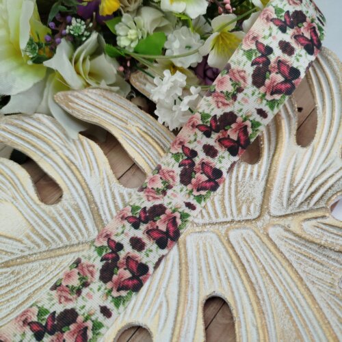 Fita Gorgurão 38mm No 09 Estampa Borboletas e Flores Jardim Enca