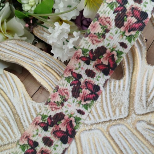 Fita Gorgurão 38mm No 09 Estampa Borboletas e Flores Jardim Enca